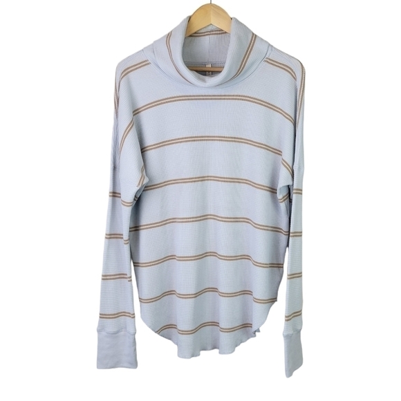 ARITZIA Babaton Cowlneck Thermal Long Sleeve Top Stripe Blue Tan L - Picture 1 of 11